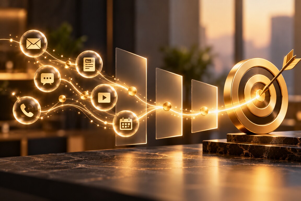 Communication and content icons flowing along a glowing path into a target