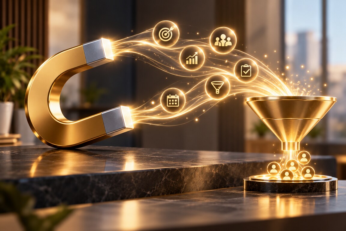 A glowing magnet drawing customer, target and growth icons down into a funnel