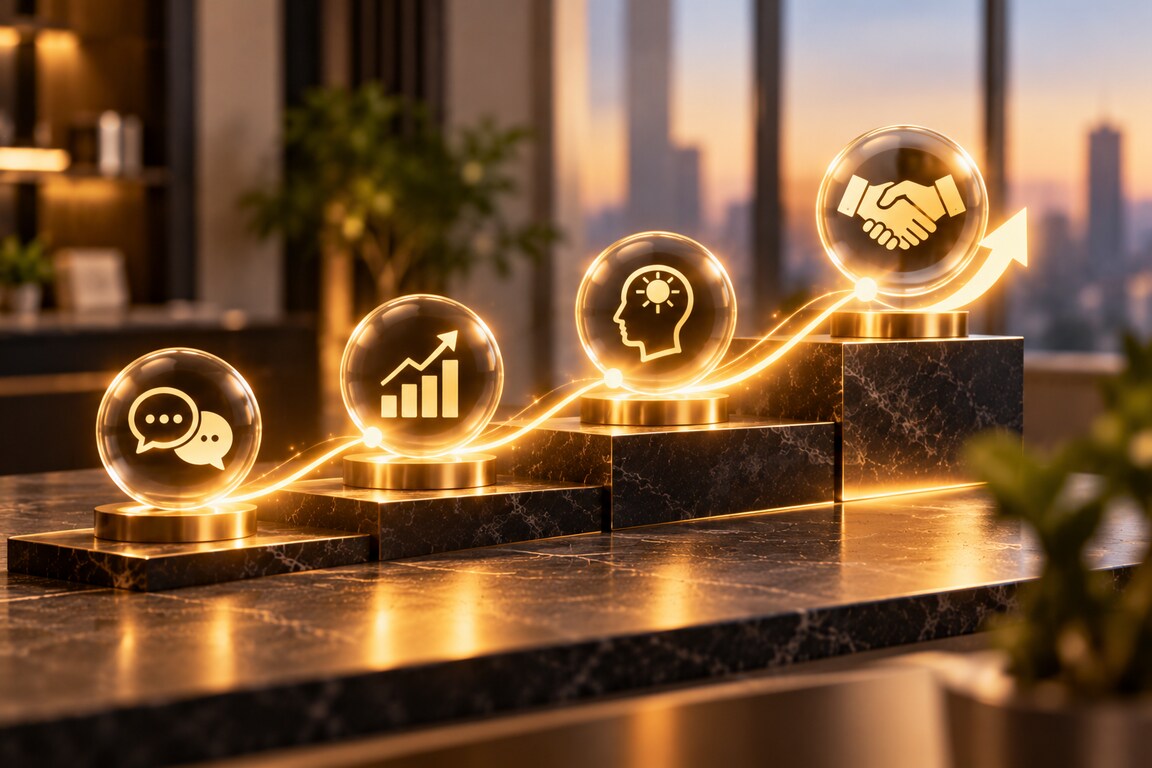 A glowing arrow rising over stepped pedestals topped with sales and growth icons